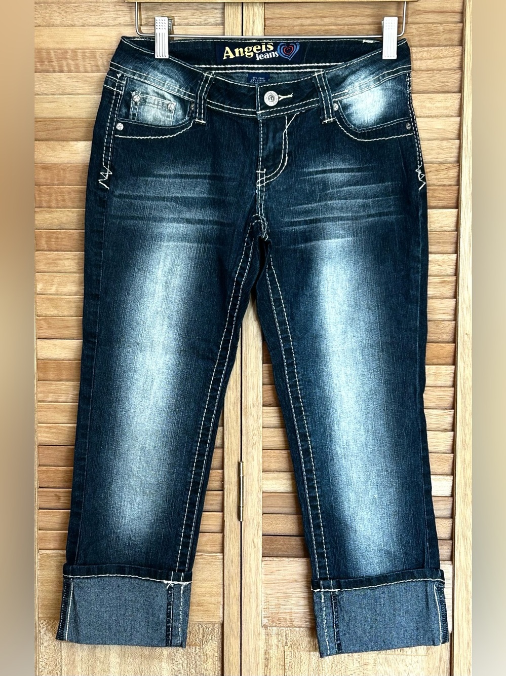 Angels Y2K dark blue embellished cuffed capri jeans Juniors size 3 EUC